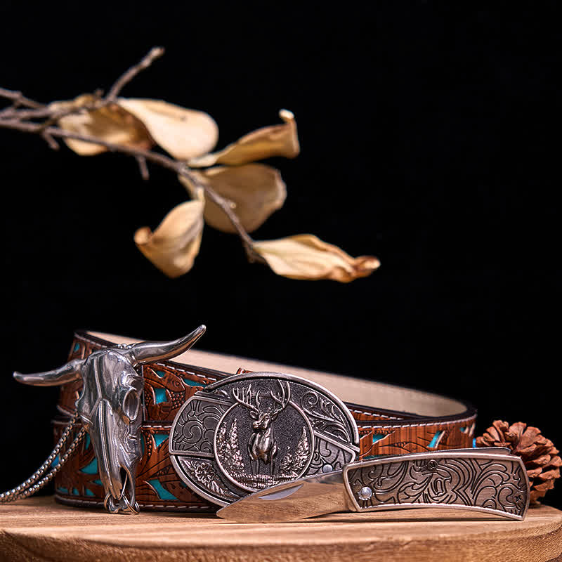 Western Gadget DIY Hidden Knife Buckle Longhorn Bull Pendant Bundle Set  - Deer - Turquoise Carved Belt - 40 - image 16