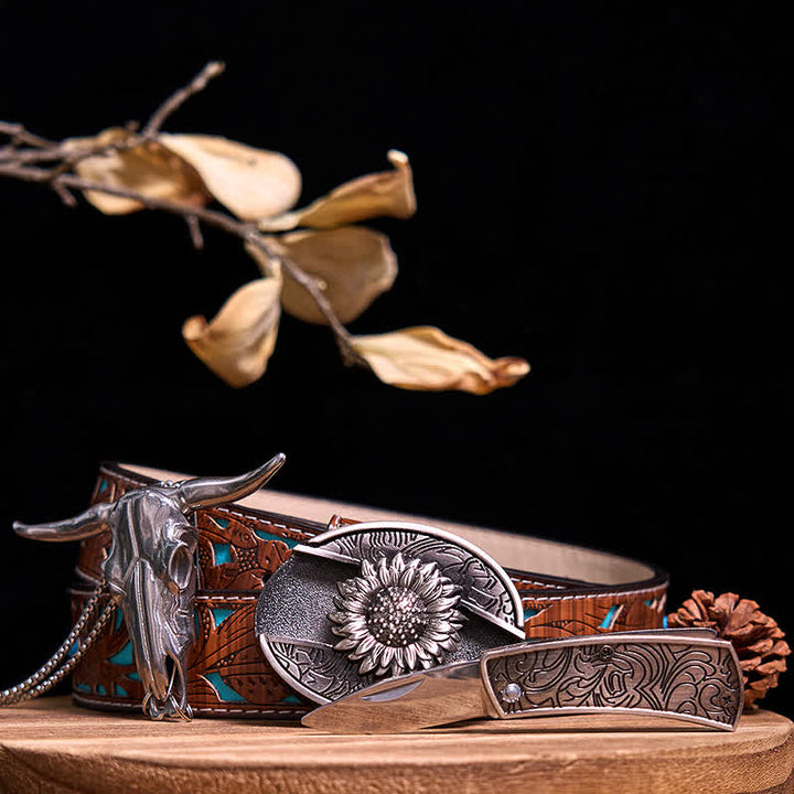 Western Gadget DIY Hidden Knife Buckle Longhorn Bull Pendant Bundle Set  - Sunflower - Turquoise Carved Belt - 40 - image 4