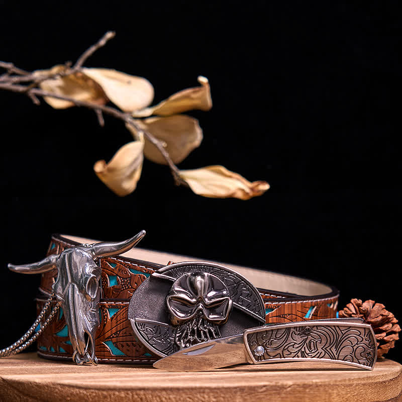 Western Gadget DIY Hidden Knife Buckle Longhorn Bull Pendant Bundle Set  - Skull - Turquoise Carved Belt - 40 - image 60