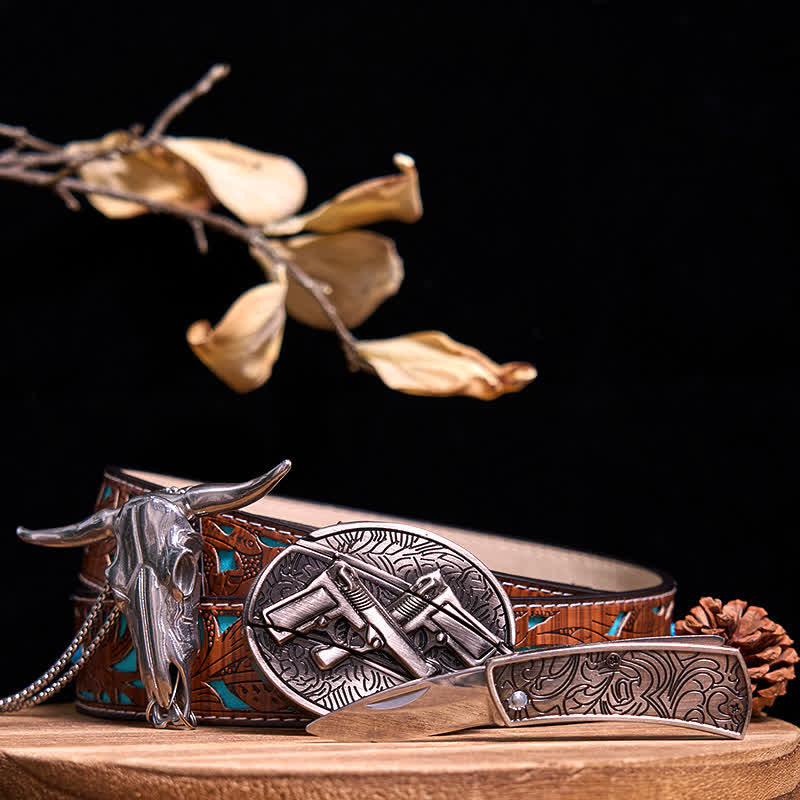 Western Gadget DIY Hidden Knife Buckle Longhorn Bull Pendant Bundle Set  - Dual Pistols - Turquoise Carved Belt - 40 - image 46