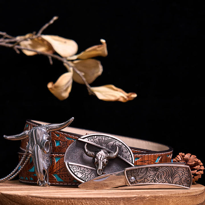 Western Gadget DIY Hidden Knife Buckle Longhorn Bull Pendant Bundle Set  - Bull - Turquoise Carved Belt - 40 - image 34