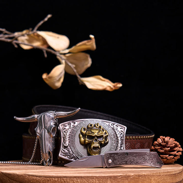 Western Gadget DIY Hidden Knife Buckle Longhorn Bull Pendant Bundle Set  - Gold Skull - Brown Rivet Belt - 40 - image 68