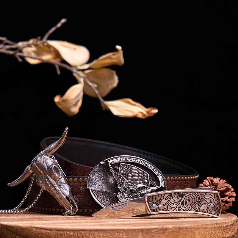 Western Gadget DIY Hidden Knife Buckle Longhorn Bull Pendant Bundle Set  - Eagle - Brown Rivet Belt - 40 - image 29