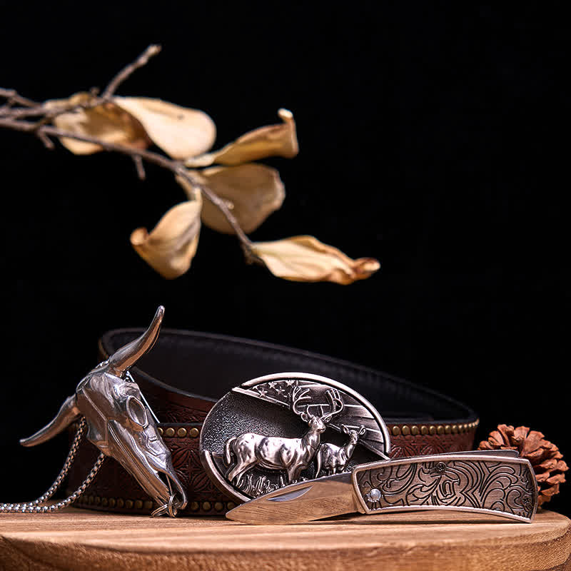 Western Gadget DIY Hidden Knife Buckle Longhorn Bull Pendant Bundle Set  - Dual Deers - Brown Rivet Belt - 40 - image 11
