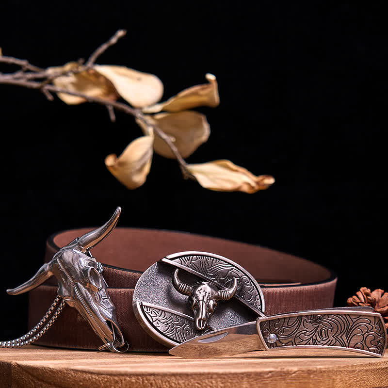 Western Gadget DIY Hidden Knife Buckle Longhorn Bull Pendant Bundle Set  - Bull - Brown Distressed Belt - 40 - image 36