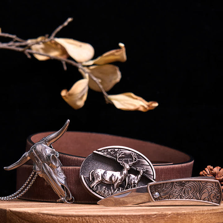 Western Gadget DIY Hidden Knife Buckle Longhorn Bull Pendant Bundle Set  - Dual Deers - Brown Distressed Belt - 40 - image 12