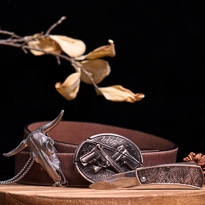Western Gadget DIY Hidden Knife Buckle Longhorn Bull Pendant Bundle Set  - Dual Pistols - Brown Distressed Belt - 40 - image 48
