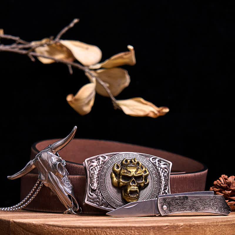 Western Gadget DIY Hidden Knife Buckle Longhorn Bull Pendant Bundle Set  - Gold Skull - Brown Distressed Belt - 40 - image 69
