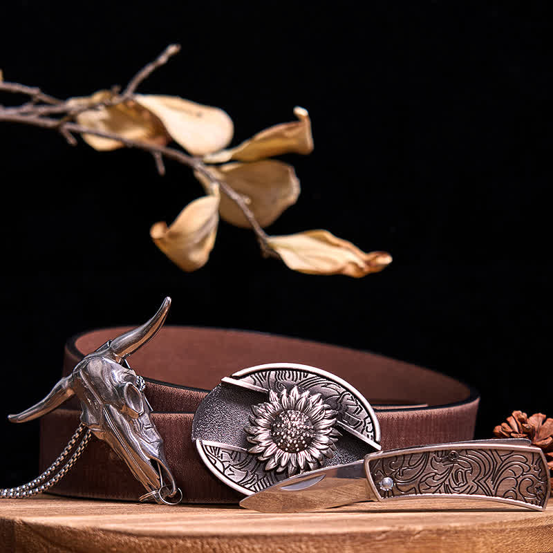 Western Gadget DIY Hidden Knife Buckle Longhorn Bull Pendant Bundle Set  - Sunflower - Brown Distressed Belt - 40 - image 6