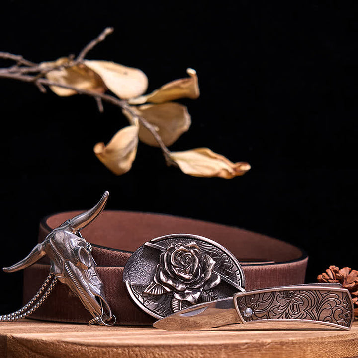 Western Gadget DIY Hidden Knife Buckle Longhorn Bull Pendant Bundle Set  - Rose - Brown Distressed Belt - 40 - image 24
