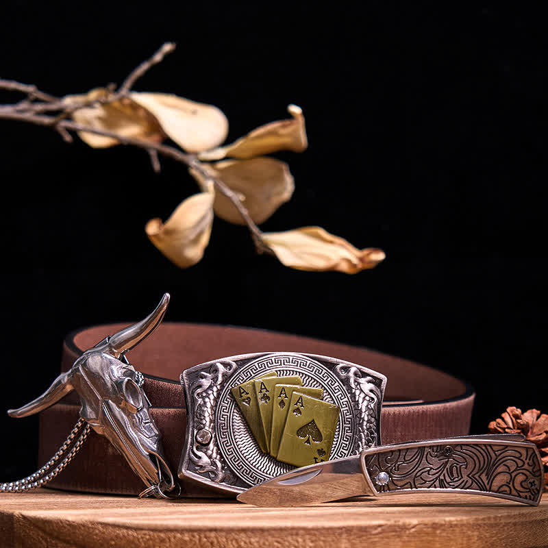 Western Gadget DIY Hidden Knife Buckle Longhorn Bull Pendant Bundle Set  - Gold Poker - Brown Distressed Belt - 40 - image 75