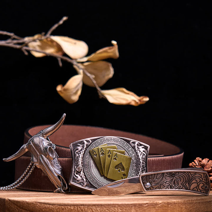 Western Gadget DIY Hidden Knife Buckle Longhorn Bull Pendant Bundle Set  - Gold Poker - Brown Distressed Belt - 40 - image 75