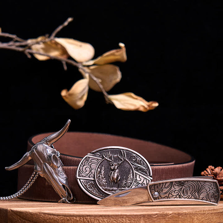 Western Gadget DIY Hidden Knife Buckle Longhorn Bull Pendant Bundle Set  - Deer - Brown Distressed Belt - 40 - image 18
