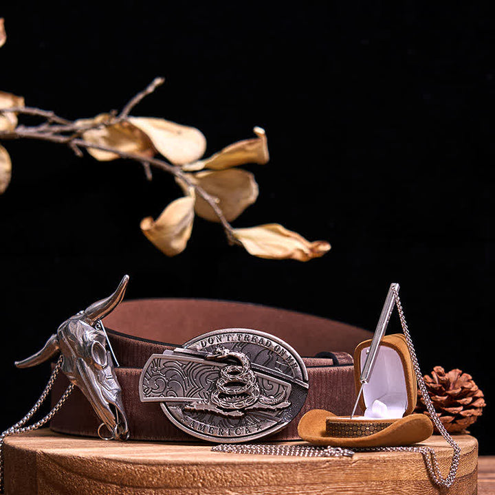 DIY Hidden Knife Snake Buckle Longhorn Bull Pendant Needle Necklace Bundle Set  - 3Pcs - Brown Distressed Belt - 42 - image 9