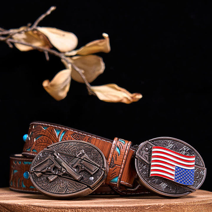 Double Pistols & USA Flag DIY Hidden Knife Buckle Bundle Set  - Bundle Set - Turquoise Carved Belt - 42 - image 6