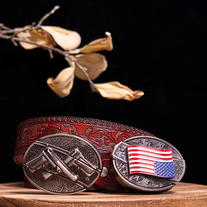 Double Pistols & USA Flag DIY Hidden Knife Buckle Bundle Set  - Bundle Set - Brown Carved Belt - 42 - image 9
