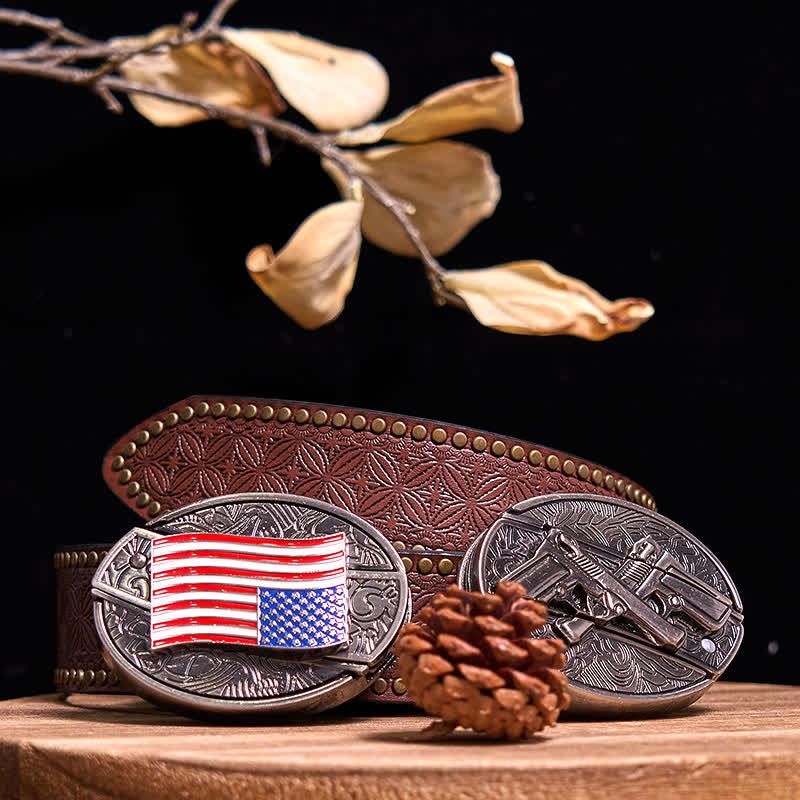 Double Pistols & USA Flag DIY Hidden Knife Buckle Bundle Set  - Bundle Set - Brown Rivet Belt - 42 - image 7