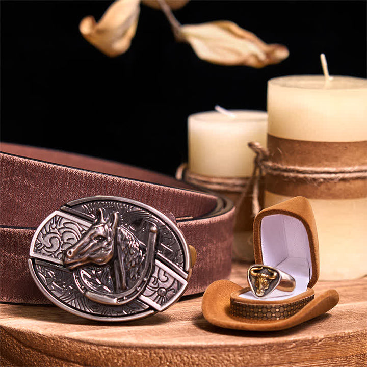 Functional DIY Hidden Knife Belt Buckle Retro Bull Ring Bundle Set  - Horse - Brown Distressed Belt - 42 - image 41