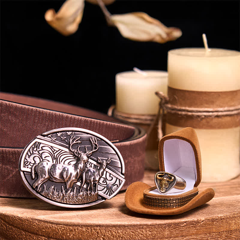 Functional DIY Hidden Knife Belt Buckle Retro Bull Ring Bundle Set  - Dual Deers - Brown Distressed Belt - 42 - image 13