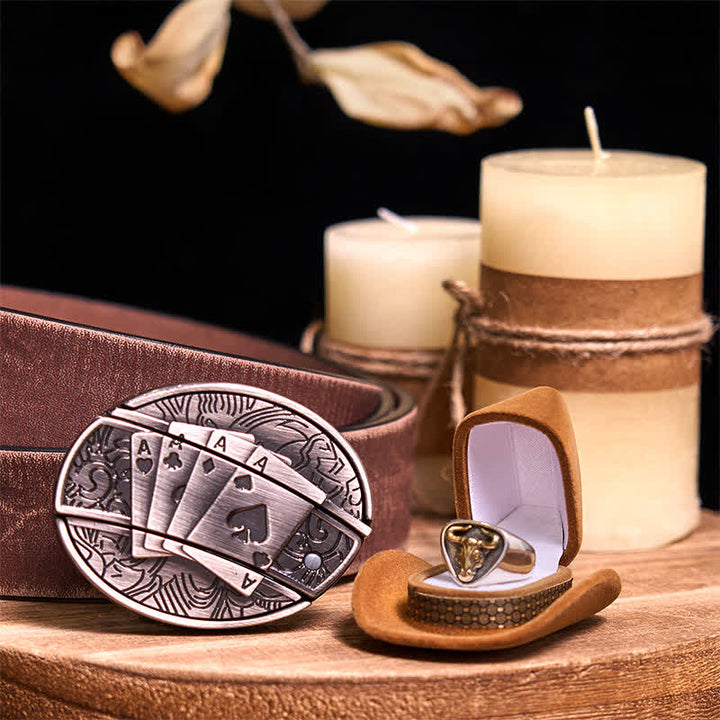 Functional DIY Hidden Knife Belt Buckle Retro Bull Ring Bundle Set  - Poker - Brown Distressed Belt - 42 - image 48