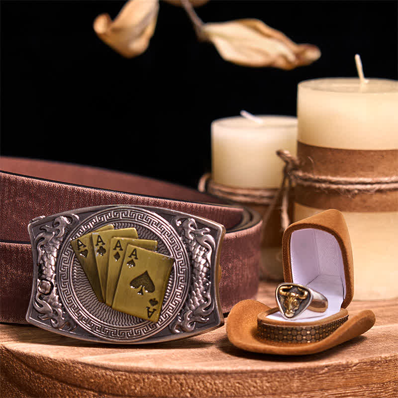 Functional DIY Hidden Knife Belt Buckle Retro Bull Ring Bundle Set  - Gold Poker - Brown Distressed Belt - 42 - image 56