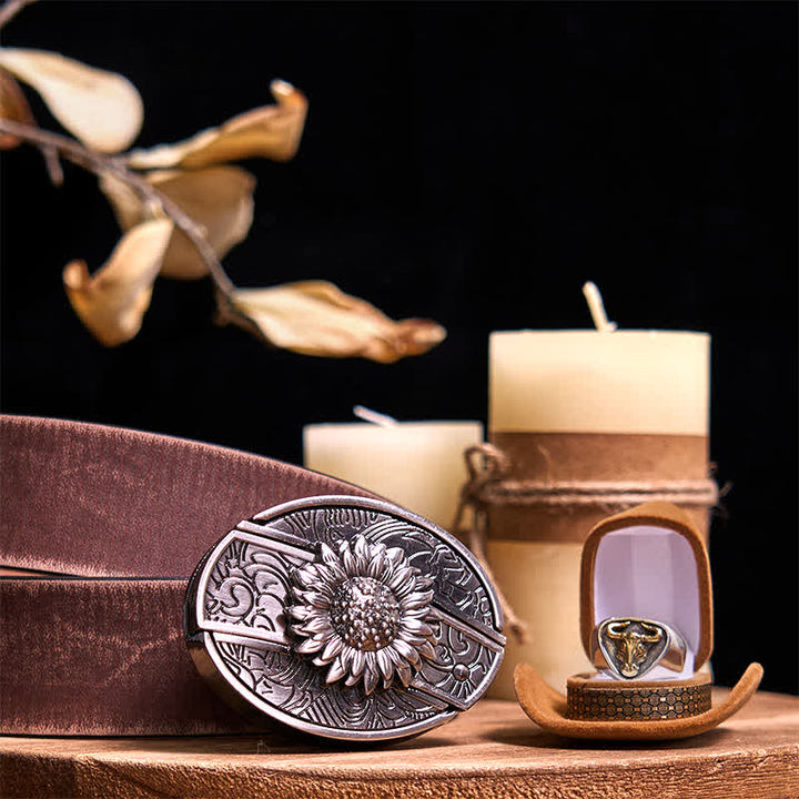 Functional DIY Hidden Knife Belt Buckle Retro Bull Ring Bundle Set  - Sunflower - Brown Distressed Belt - 42 - image 6