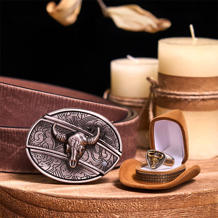 Functional DIY Hidden Knife Belt Buckle Retro Bull Ring Bundle Set  - Bull - Brown Distressed Belt - 42 - image 34