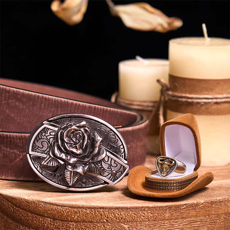 Functional DIY Hidden Knife Belt Buckle Retro Bull Ring Bundle Set  - Rose - Brown Distressed Belt - 42 - image 20