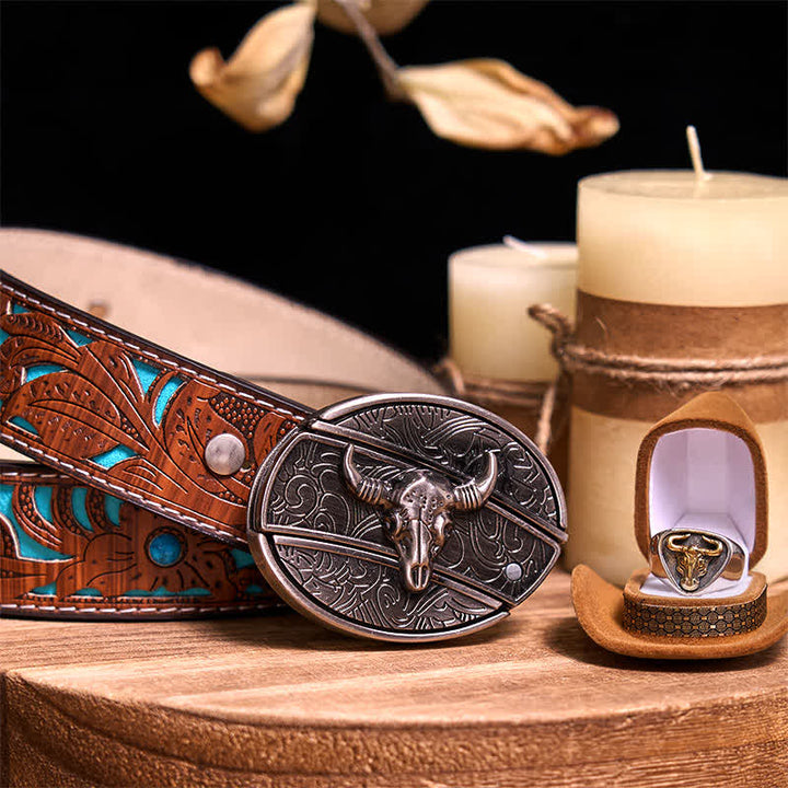 Functional DIY Hidden Knife Belt Buckle Retro Bull Ring Bundle Set  - Bull - Turquoise Carved Belt - 42 - image 32