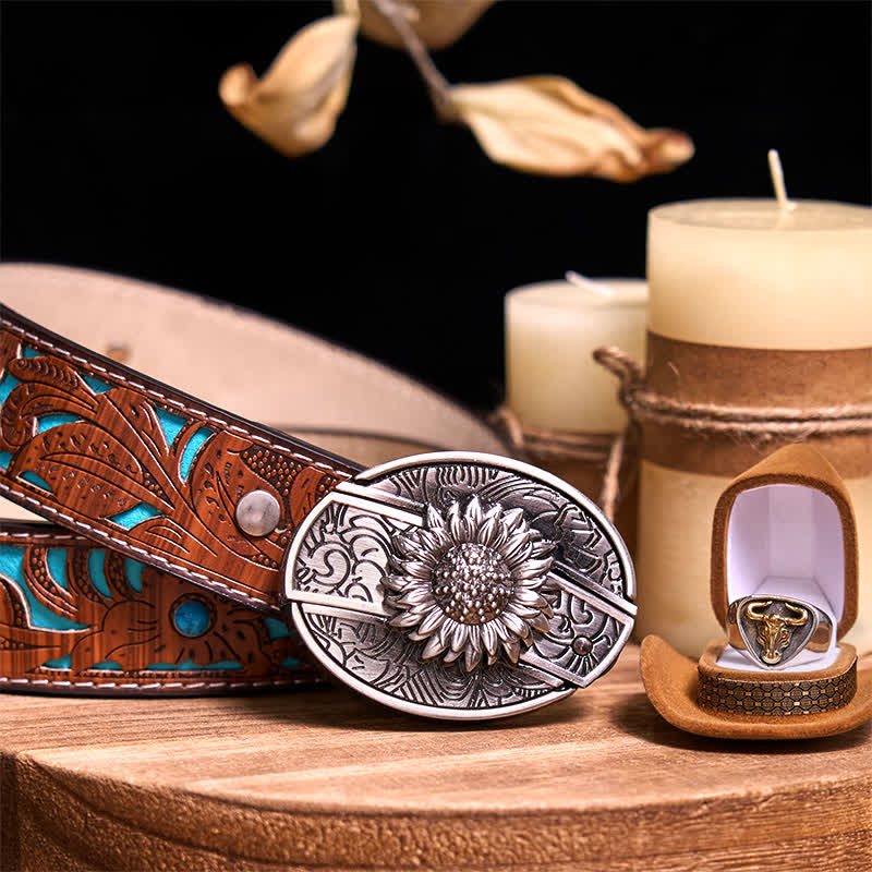 Functional DIY Hidden Knife Belt Buckle Retro Bull Ring Bundle Set  - Sunflower - Turquoise Carved Belt - 42 - image 4