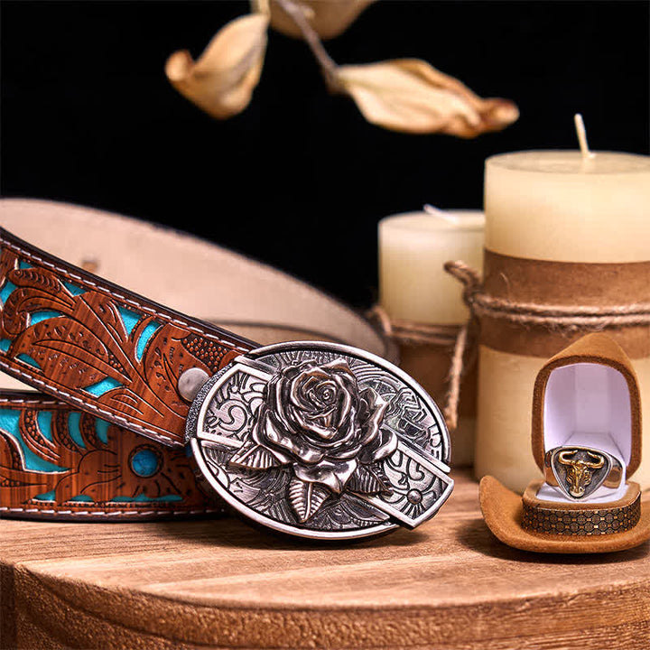 Functional DIY Hidden Knife Belt Buckle Retro Bull Ring Bundle Set  - Rose - Turquoise Carved Belt - 42 - image 18