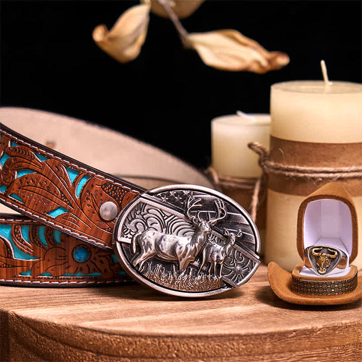 Functional DIY Hidden Knife Belt Buckle Retro Bull Ring Bundle Set  - Dual Deers - Turquoise Carved Belt - 42 - image 11