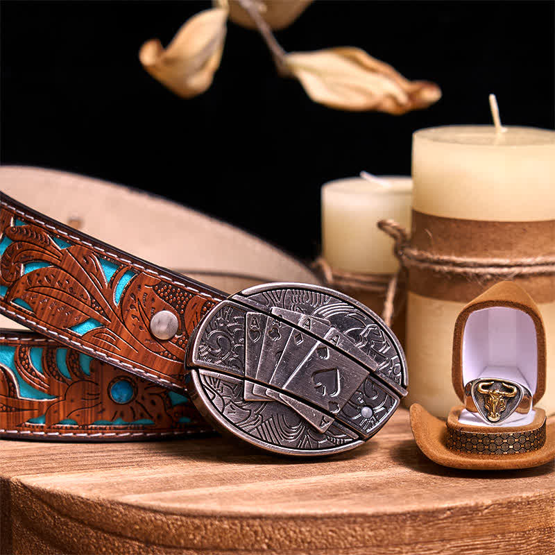 Functional DIY Hidden Knife Belt Buckle Retro Bull Ring Bundle Set  - Poker - Turquoise Carved Belt - 42 - image 46