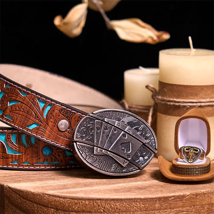 Functional DIY Hidden Knife Belt Buckle Retro Bull Ring Bundle Set  - Poker - Turquoise Carved Belt - 42 - image 46