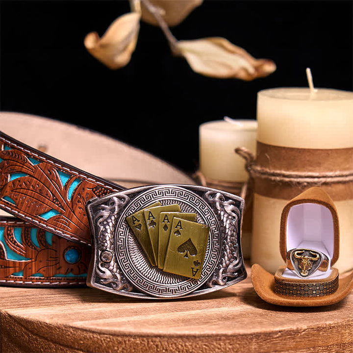 Functional DIY Hidden Knife Belt Buckle Retro Bull Ring Bundle Set  - Gold Poker - Turquoise Carved Belt - 42 - image 54
