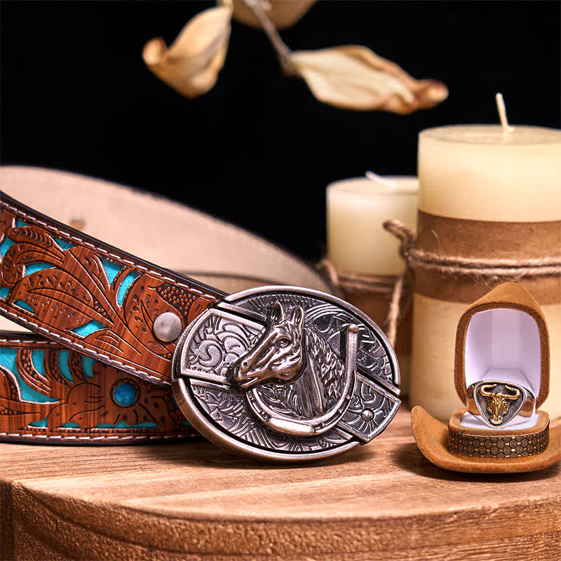 Functional DIY Hidden Knife Belt Buckle Retro Bull Ring Bundle Set  - Horse - Turquoise Carved Belt - 42 - image 39