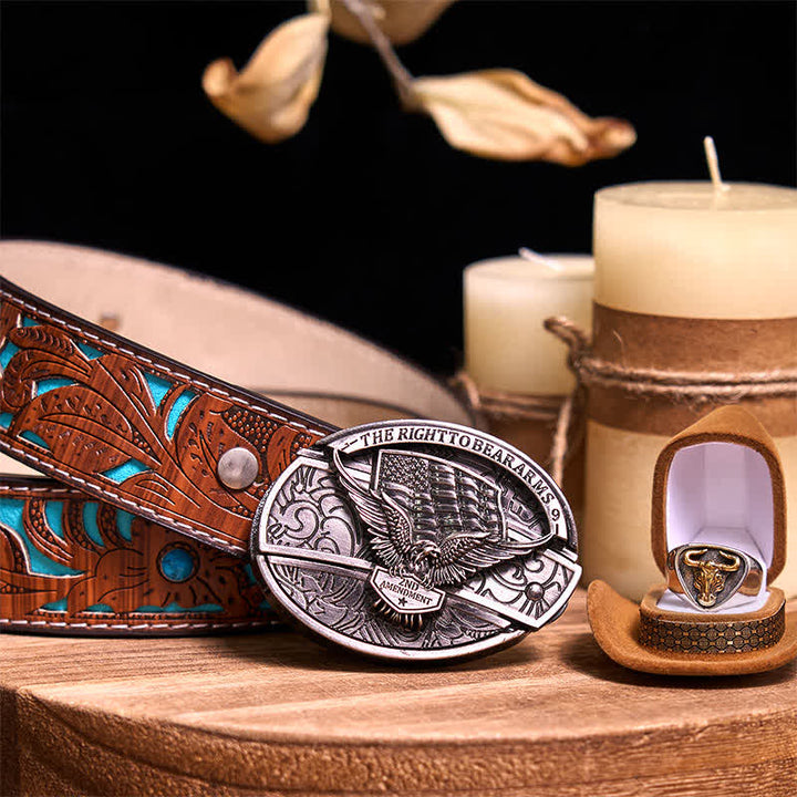 Functional DIY Hidden Knife Belt Buckle Retro Bull Ring Bundle Set  - Eagle - Turquoise Carved Belt - 42 - image 25