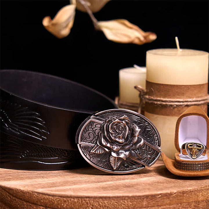 Functional DIY Hidden Knife Belt Buckle Retro Bull Ring Bundle Set  - Rose - Black Embossed Eagle Belt - 42 - image 17
