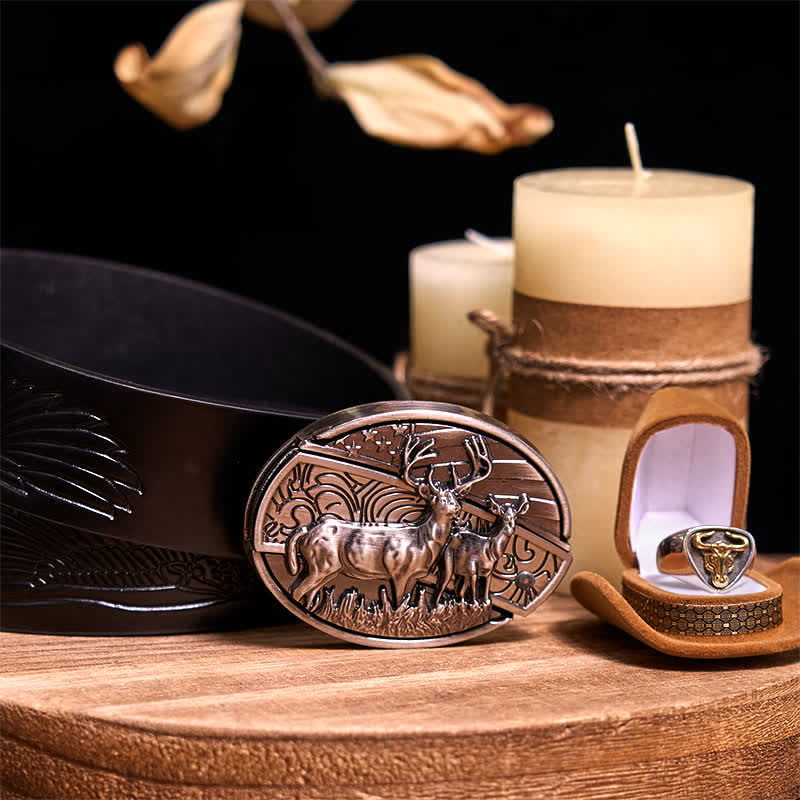Functional DIY Hidden Knife Belt Buckle Retro Bull Ring Bundle Set  - Dual Deers - Black Embossed Eagle Belt - 42 - image 10