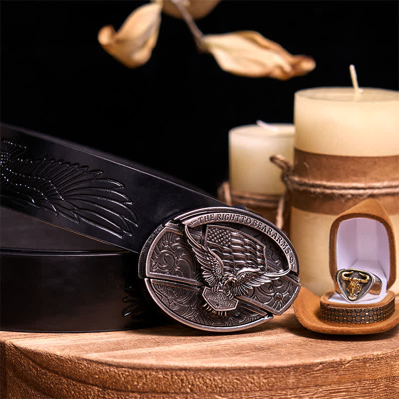 Functional DIY Hidden Knife Belt Buckle Retro Bull Ring Bundle Set  - Eagle - Black Embossed Eagle Belt - 42 - image 24