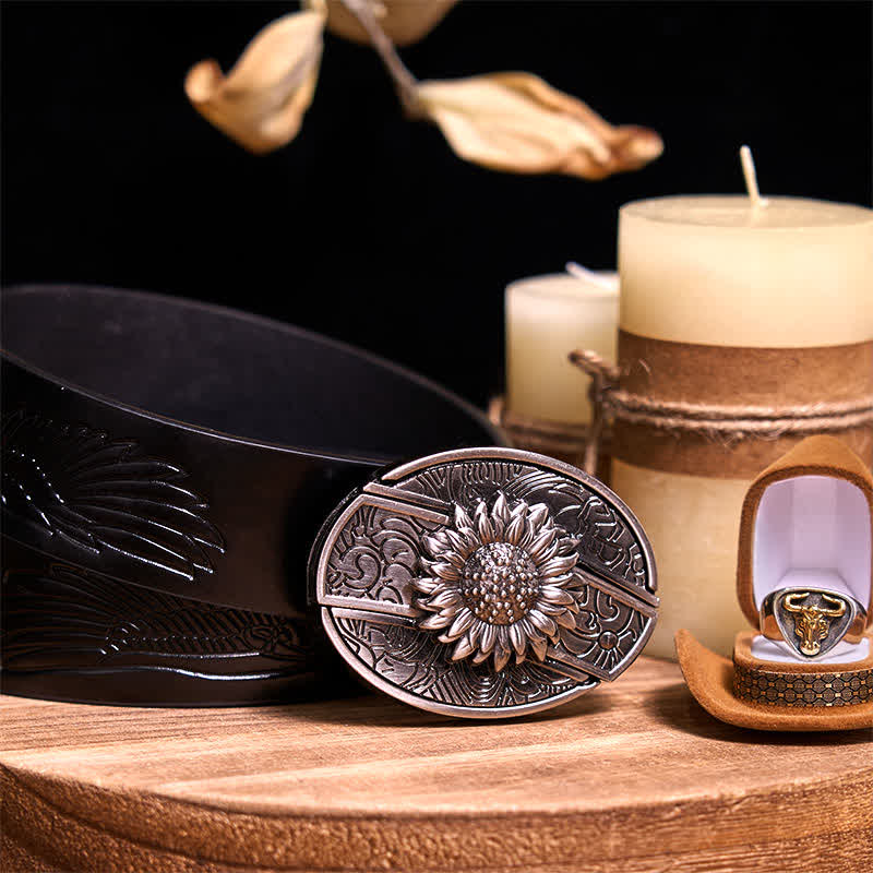 Functional DIY Hidden Knife Belt Buckle Retro Bull Ring Bundle Set  - Sunflower - Black Embossed Eagle Belt - 42 - image 3