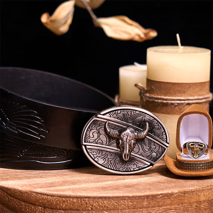 Functional DIY Hidden Knife Belt Buckle Retro Bull Ring Bundle Set  - Bull - Black Embossed Eagle Belt - 42 - image 31