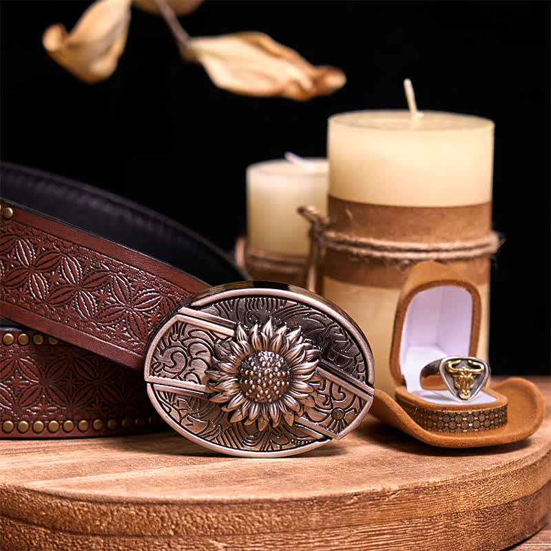 Functional DIY Hidden Knife Belt Buckle Retro Bull Ring Bundle Set  - Sunflower - Brown Rivet Belt - 42 - image 5