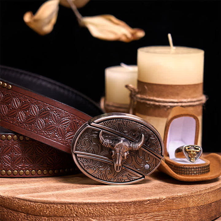 Functional DIY Hidden Knife Belt Buckle Retro Bull Ring Bundle Set  - Bull - Brown Rivet Belt - 42 - image 33
