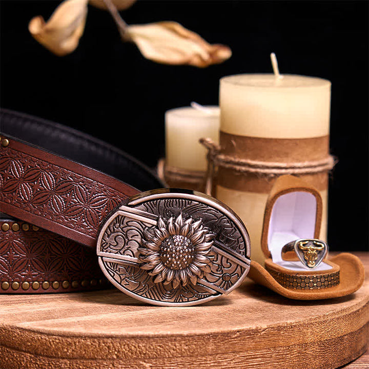 Functional DIY Hidden Knife Belt Buckle Retro Bull Ring Bundle Set  - Sunflower - Brown Rivet Belt - 42 - image 5