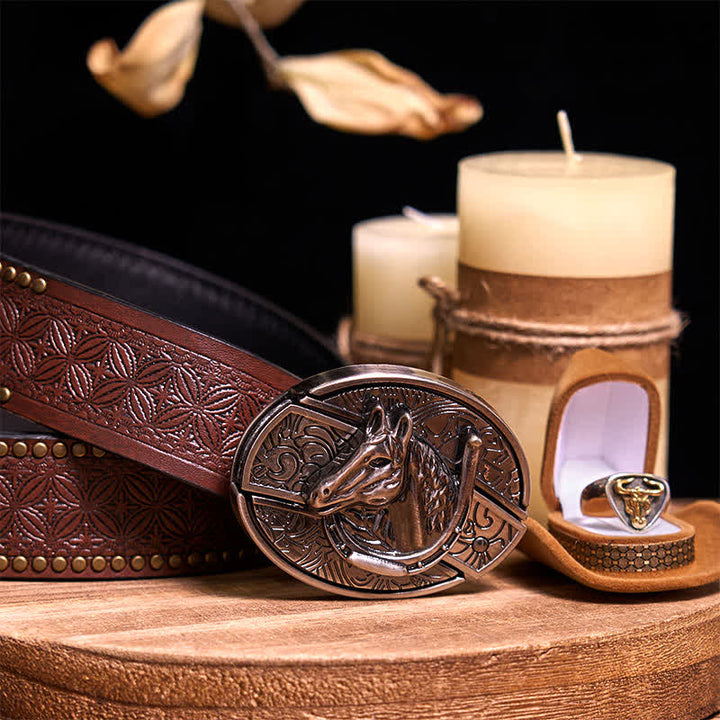 Functional DIY Hidden Knife Belt Buckle Retro Bull Ring Bundle Set  - Horse - Brown Rivet Belt - 42 - image 40