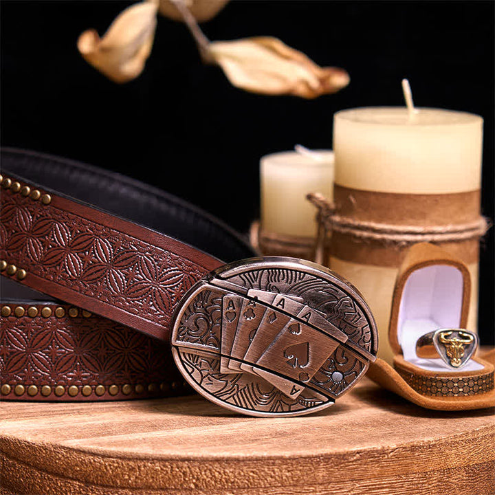 Functional DIY Hidden Knife Belt Buckle Retro Bull Ring Bundle Set  - Poker - Brown Rivet Belt - 42 - image 47