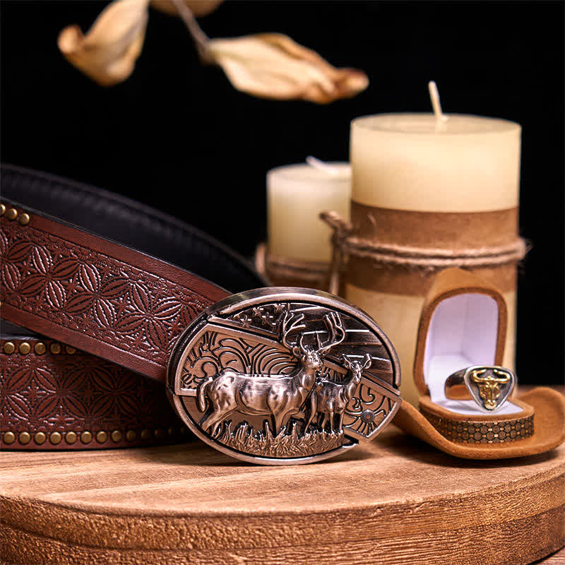 Functional DIY Hidden Knife Belt Buckle Retro Bull Ring Bundle Set  - Dual Deers - Brown Rivet Belt - 42 - image 12