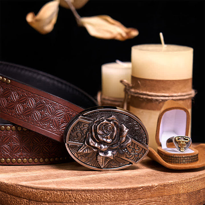 Functional DIY Hidden Knife Belt Buckle Retro Bull Ring Bundle Set  - Rose - Brown Rivet Belt - 42 - image 19