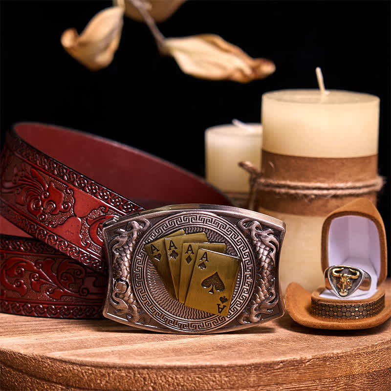 Functional DIY Hidden Knife Belt Buckle Retro Bull Ring Bundle Set  - Gold Poker - Brown Carved Belt - 42 - image 57